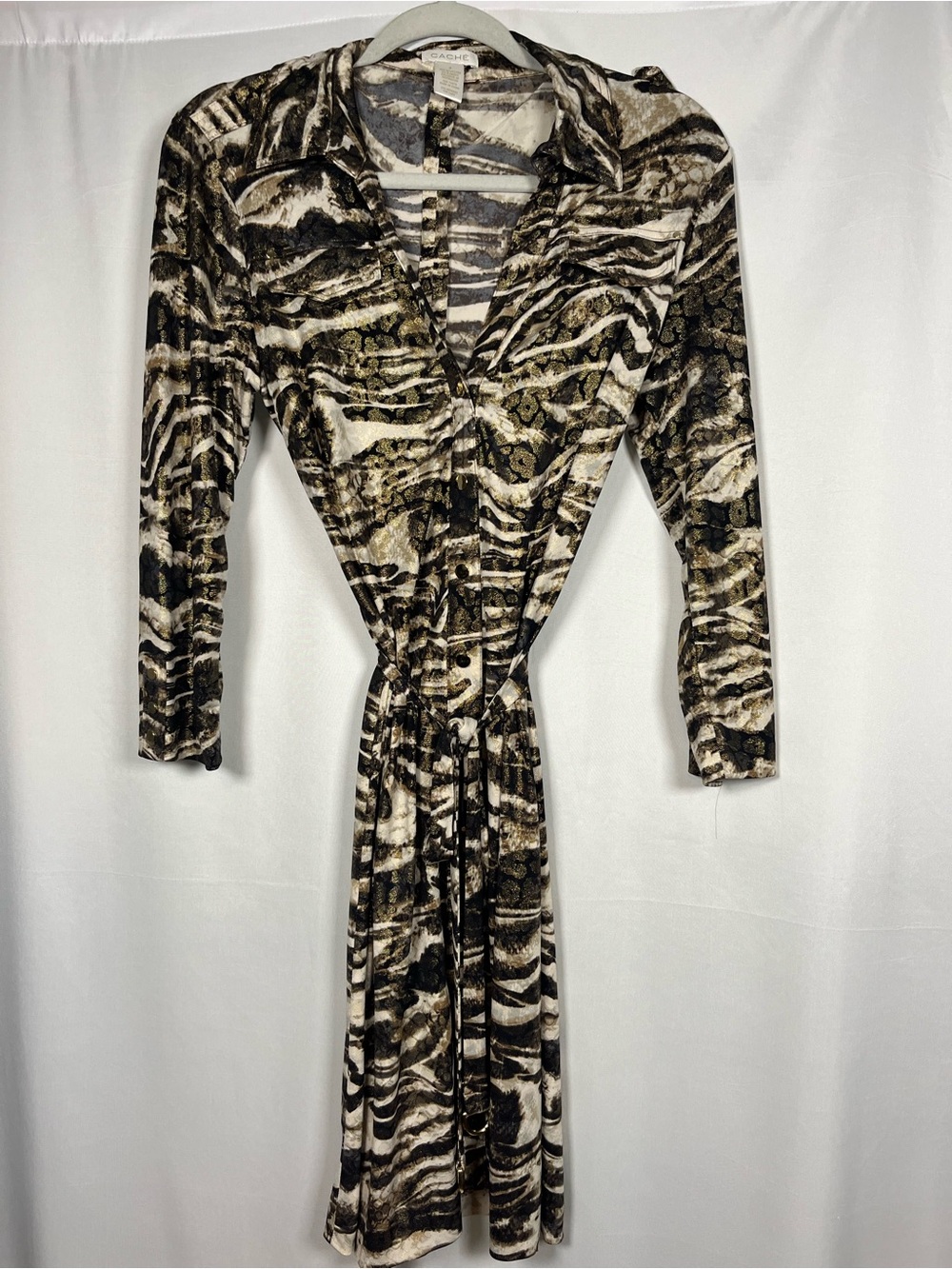 Cache Y2K VTG tiger print metallic button front belted slinky dress sz m